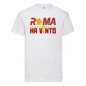 maglia bianca scritta giallo/rossa "roma ha vinto"