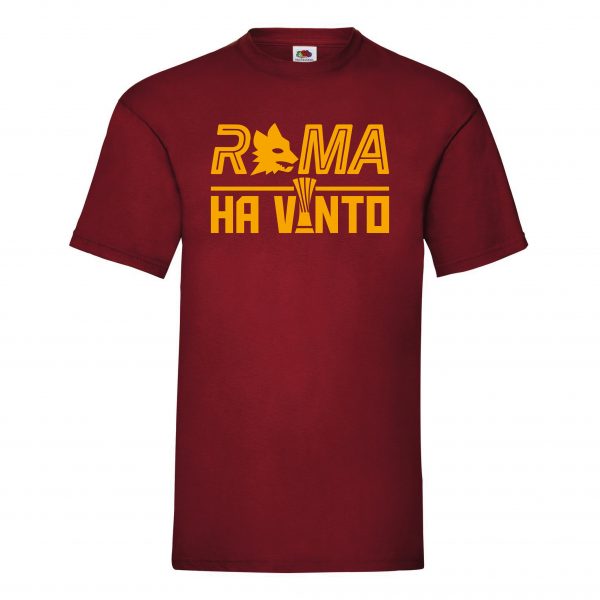 maglia rossa scritta gialla "roma ha vinto"